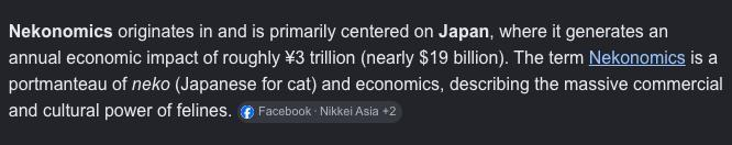 A social media post stating that "Nekonomics" originates in Japan and generates an annual economic impact of roughly ¥3 trillion (nearly $19 billion), with a Facebook share from Nikkei Asia.

The post highlights the $19 billion figure to argue that $Nekonomics on pump.fun is a "no-brainer" investment, despite the original Nekonomics never having been an on-chain crypto project.
