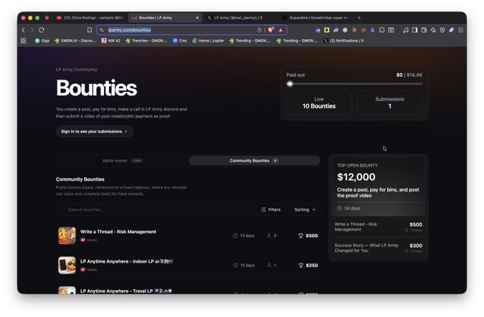 The image features an open computer screen displaying a webpage with a bounty advertisement for LP Army, offering a $12,000 reward for users who create posts or share content related to their account. The website suggests that the bounty could be created by a friend using the platform, given the terms of service agreement and privacy policy. Additionally, it emphasizes how community management can be used to increase visibility on social media platforms.