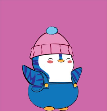 A cartoon illustration of a cute penguin-like character wearing a pink knit beanie and blue overalls, waving cheerfully against a pink background.
