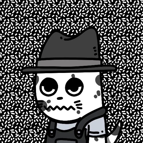 A black and white illustration of a cartoon character wearing a fedora hat with a jagged mouth, set against a patterned background of small white shapes on black.