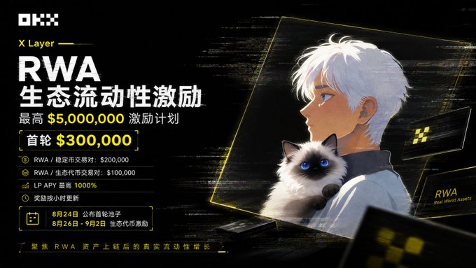 An OKX promotional banner advertising their X Layer RWA (Real World Assets) ecosystem liquidity incentive program, offering up to $5,000,000 with a first round of $300,000 in rewards including $200,000 for RWA/stablecoin trading pairs and $100,000 for RWA ecosystem transactions, featuring an anime-style boy with white hair holding a cat.