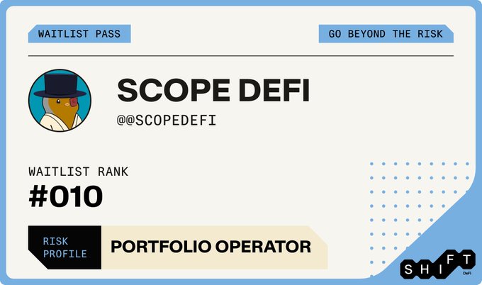 The image shows a white card with blue text, which appears to be a profile picture of a person wearing a hat. The text on the card reads "Scopes Defi", indicating that the person is a portfolio operator for @Shift_DeFi. The card also has a rank and a risk tolerance level, suggesting that this individual may have experience in managing financial portfolios or assessing risk tolerance levels.