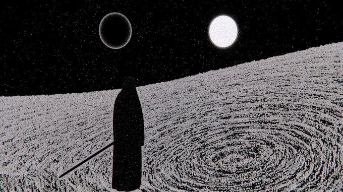 A dark, surreal scene shows a silhouetted figure with a sword standing on a swirling, textured surface beneath a starry sky featuring two moons—one eclipsed and one bright.