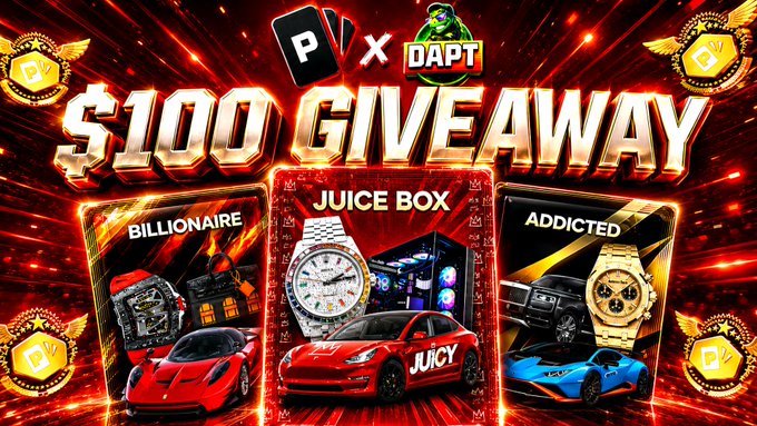 The image is a vibrant promotional graphic for a "$100 GIVEAWAY" collaboration between PackDraw and DAPT, featuring fiery red visuals and showcasing luxury prize cards labeled "BILLIONAIRE" (Ferrari, Richard Mille watch, whiskey), "JUICE BOX" (Rolex, PC setup, Tesla with "JUICY" branding), and "ADDICTED" (gold Rolex, Hummer, Lamborghini), surrounded by golden crypto coin badges. It visually reinforces the $100 Twitter giveaway with $50 prizes for two winners, matching the post's call to follow @PackDraw and @dapt_official, tag friends, and retweet to enter.