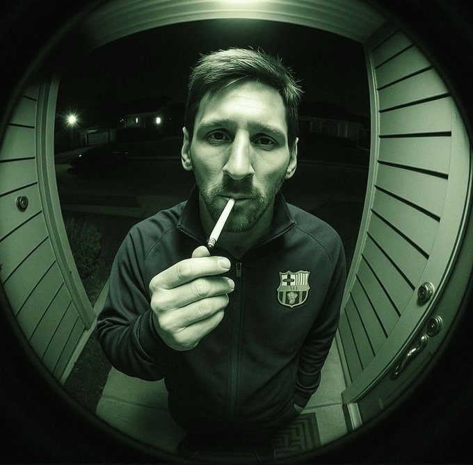A black and white fisheye lens photo of a man resembling Lionel Messi holding a cigarette in his mouth while wearing a Barcelona tracksuit, captured through a door's peephole.