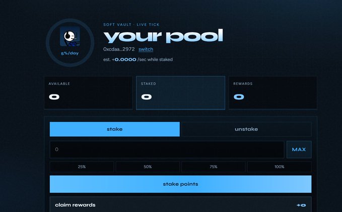 A digital interface for a cryptocurrency staking pool labeled "SOFT VAULT - LIVE TICK your pool" shows "0xcd8a...2972 switch" and an estimated rate of "+0.0000/sec while staked" with options to stake, unstake, and stake points.