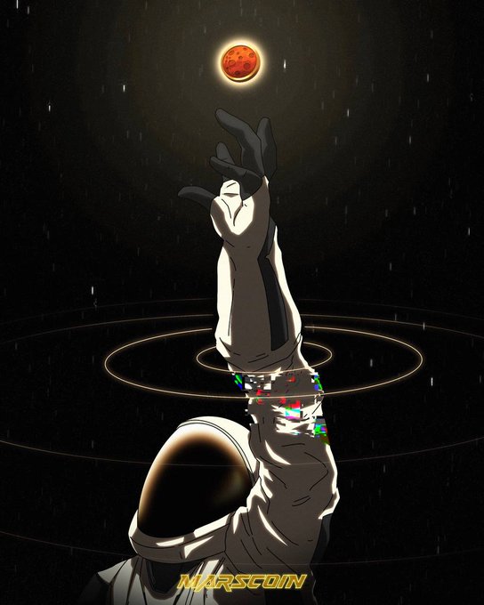 An astronaut reaches upward through glitched, pixelated digital static toward a red planet resembling Mars against a starry black sky, with "MARSCOIN" displayed in bold yellow text at the bottom. The image visually embodies the MarsCoin/SPCXB brand by symbolizing the aspiration to reach Mars, while the corrupted digital glitch effect suggests the cryptocurrency's technological, blockchain-based nature.