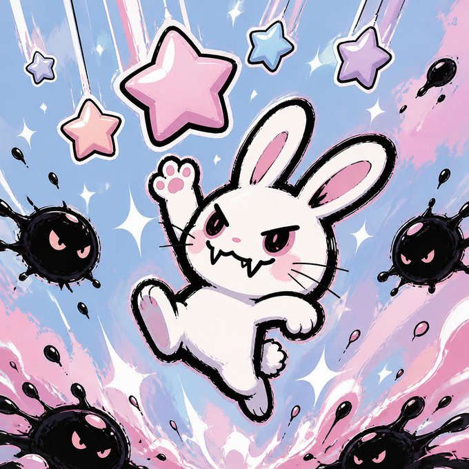 The image features a cartoon rabbit with white fur and black eyes, standing out against a blue sky filled with stars. The rabbit has its arms raised high above its head, giving off an impression of being angry or aggressive. Surrounding the rabbit are several black dots, which appear to be insects or other small creatures. These insects have sharp fangs, adding to the overall sense of danger and chaos in the scene. The image also contains text that reads "MOKI is here. A pastel bite with sharp little fangs. Cute face, black ink, pink chaos, and enough attitude to chew through the timeline. No soft launch. No clean template. Just MOKI energy: loud, crooked, sweet, and dangerous."