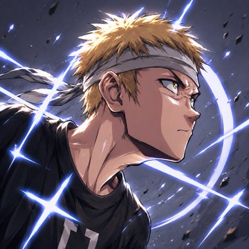 An anime-style illustration shows a blond-haired character with a white headband and intense expression, surrounded by dramatic blue energy streaks and debris against a dark background.