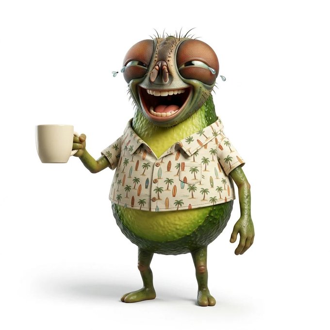 A 3D-rendered cartoon character resembling a green bug or fly with large compound eyes, wearing a Hawaiian shirt with palm tree and surfboard patterns, holding a beige mug and smiling broadly.
