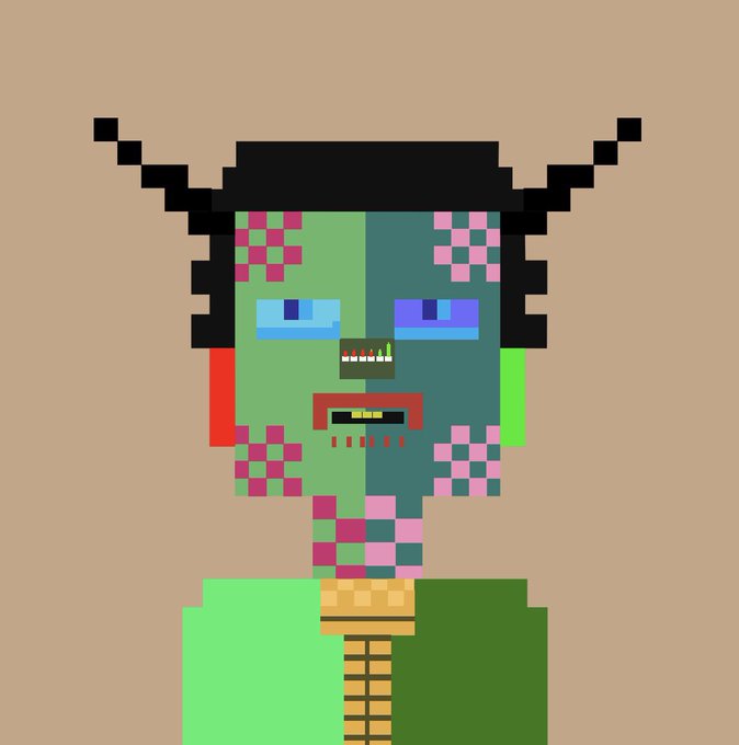 A pixel art portrait of a Frankenstein-like creature with horns, featuring a split green and teal face with pink pixel patches, mismatched eyes, and a zipper running down its chest.