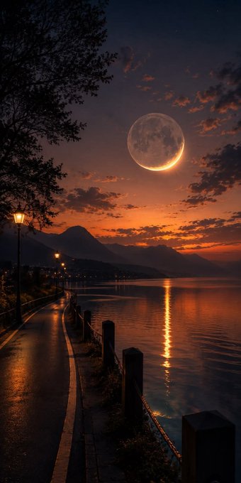 A serene twilight lakeside scene features a crescent moon glowing over calm waters, with a lantern-lit path winding alongside and mountain silhouettes in the distance. The peaceful "good night" setting complements the post's announcement about QuickEx Swap integration into the Beldex Electron Wallet, evoking a calm, end-of-day moment as new features make the wallet more useful.