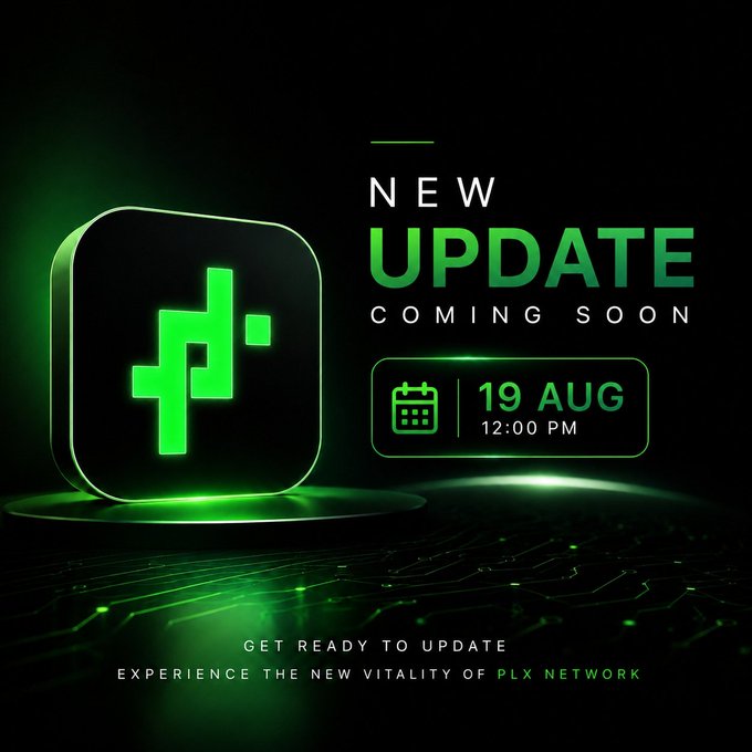 A sleek promotional graphic for PLX Network features a glowing green logo with the text "NEW UPDATE COMING SOON — 19 AUG 12:00 PM," set against a dark tech-inspired background, visually reinforcing the post's announcement of an upcoming app update.