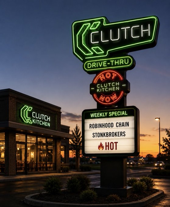 A neon-lit sign at dusk for 'CLUTCH DRIVE-THRU' advertising 'HOT CLUTCH KITCHEN NOW' and a 'WEEKLY SPECIAL' for 'ROBINHOOD CHAIN STONKBROKERS' with a fire emoji and 'HOT'.