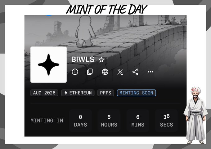 “Mint of the Day” features @biwlsxyz, an Ethereum collection with a supply of 5,555, an FPFS label, and a “Minting Soon” countdown at 0 days, 5 hours, 6 minutes, and 36 seconds. The image supports the post’s $1.35 guaranteed floor price and the question: “Are you minting this one?”