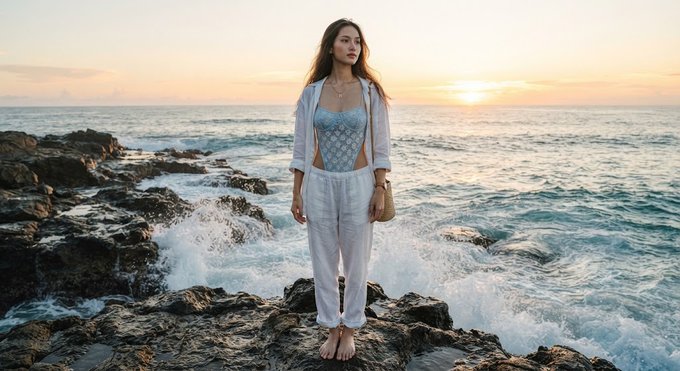 A woman stands barefoot on rocky terrain at the ocean's edge during sunset, wearing white pants, a white cropped cardigan, and a light blue patterned top.
