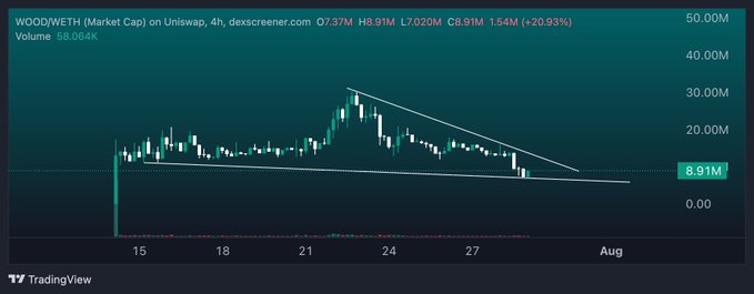 A 4-hour candlestick chart of $WOOD (WoodWETH) on Uniswap shows the price consolidating within a descending wedge pattern, currently trading at 8.91M with a 24-hour gain of 20.93%. The chart visualizes the "chopping" sideways action the post references, with the wedge formation suggesting potential for a breakout that would support the author's bullish long-term thesis.