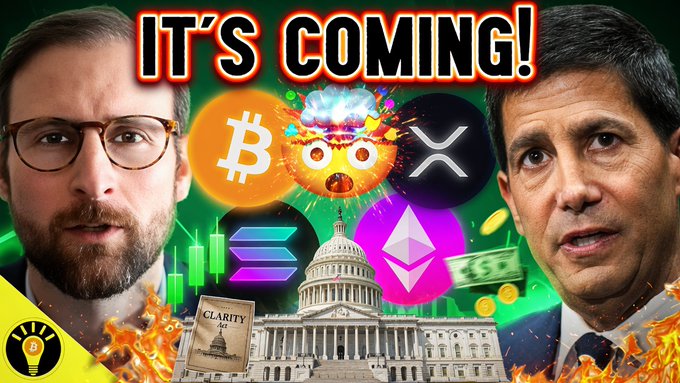 The image is a YouTube thumbnail featuring two men with the bold text "IT'S COMING!" above them, alongside cryptocurrency logos (Bitcoin, XRP, Solana, Ethereum), the U.S. Capitol building, a "CLARITY Act" document, and flames, all tying into the video's topics of the Clarity Act gaining support, FOMC analysis, Bitcoin, and TradFi tokenization.