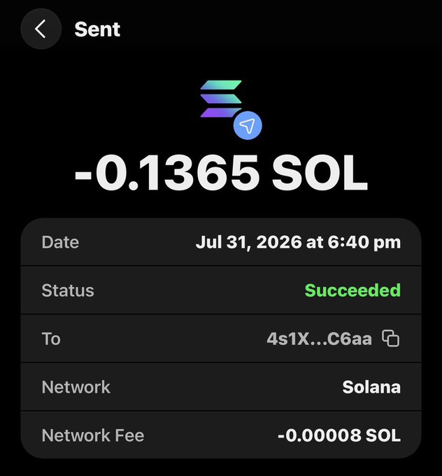 A screenshot of a successful Solana transaction showing -0.1365 SOL sent on July 31, 2026 at 6:40 pm, with a network fee of 0.00008 SOL to address 4s1X...C6aa, accompanying a message sent with $SOL to ask "Who hasn't won yet?"