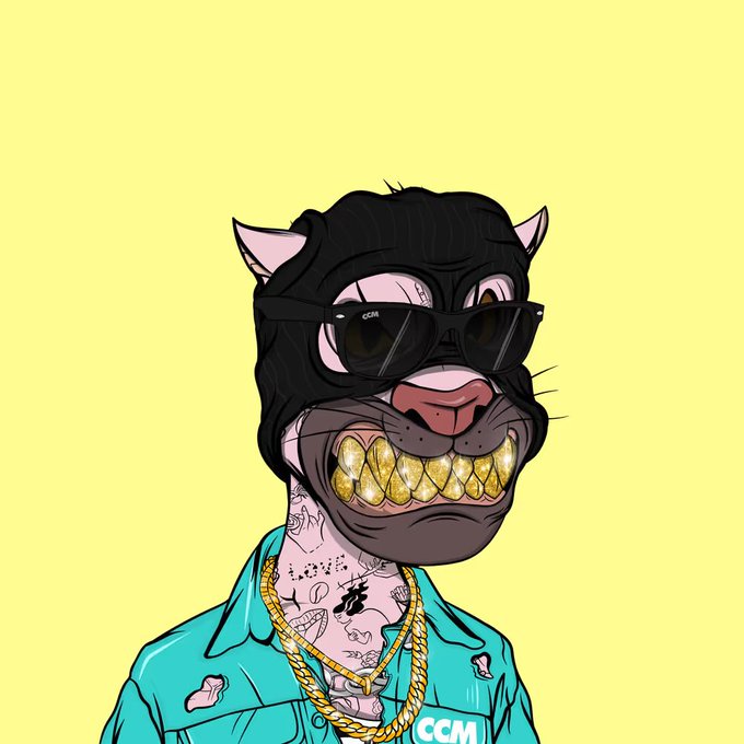 A stylized digital illustration of a cartoon cat wearing a black ski mask, sunglasses, and a teal shirt with gold grills and tattoos, branded with 'CCM'.