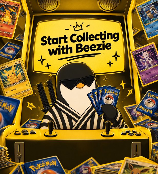 An arcade cabinet themed 'Start Collecting with Beezie' featuring a penguin mascot in sunglasses holding Pokemon cards, surrounded by various Pokemon card packs.
