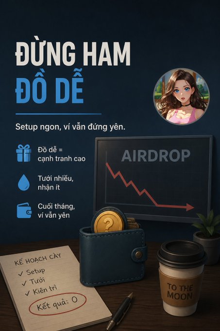A Vietnamese-language graphic titled 'ĐỪNG HAM ĐÔ ĐÊ' (Don't be greedy for side income) advising against farming airdrops, featuring a wallet, coffee cup, and a downward-trending 'AIRDROP' chart.