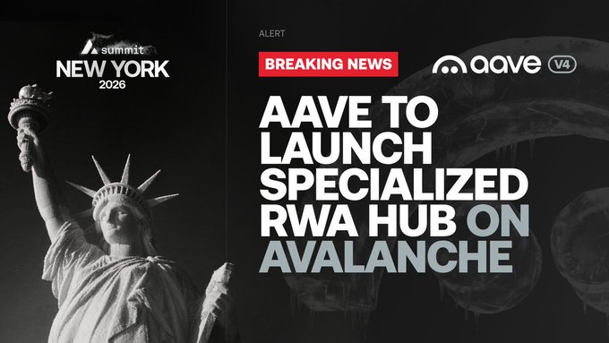 A news graphic announcing "AAVE TO LAUNCH SPECIALIZED RWA HUB ON AVALANCHE" at the Solana Summit New York 2026, featuring an image of the Statue of Liberty.