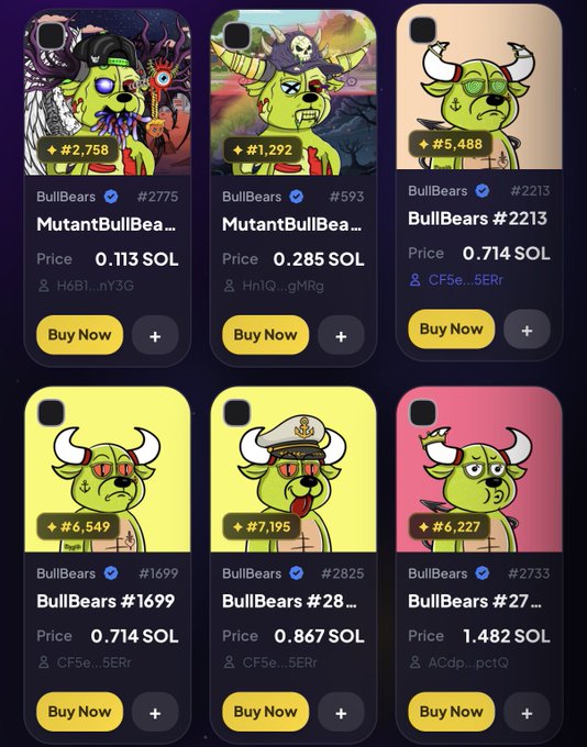 A mobile app marketplace interface displaying six NFT collectibles named 'BullBears' and 'MutantBullBears' for sale at various prices denominated in SOL (Solana).