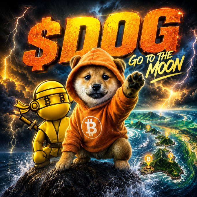 A dramatic crypto meme poster featuring a doge in a Bitcoin hoodie and an armored robot character, with '$DOG GO TO THE MOON' text and an island map.