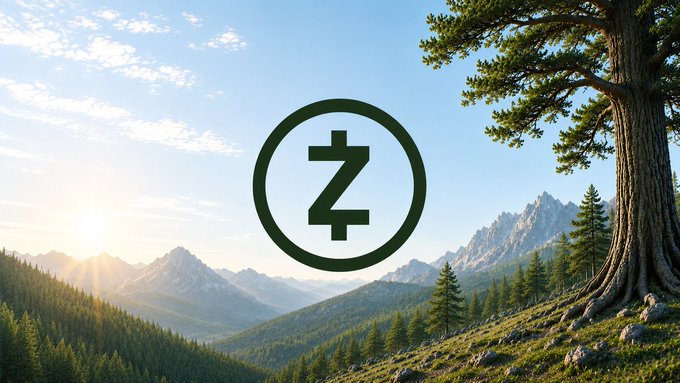 A scenic mountain landscape at sunrise with evergreen forests and a large tree on the right, overlaid with a dark green Zcash (Z) cryptocurrency logo in a circle.