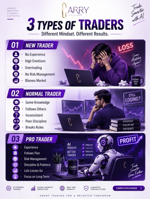An infographic titled 'CARRY EXCHANGE - 3 TYPES OF TRADERS' contrasts 'NEW TRADER', 'NORMAL TRADER', and 'PRO TRADER' with associated traits and imagery.