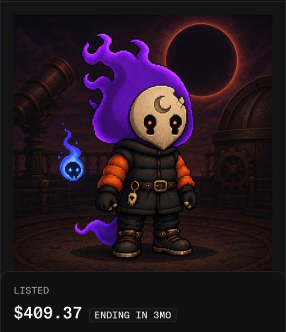 A digital collectible listing showing a chibi-style character with a purple flame hood and orange sleeves, priced at $409.37 with an auction ending in 3 months.