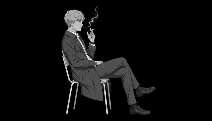 A monochrome anime-style illustration of a man in a suit sitting on a chair smoking a cigarette against a black background.