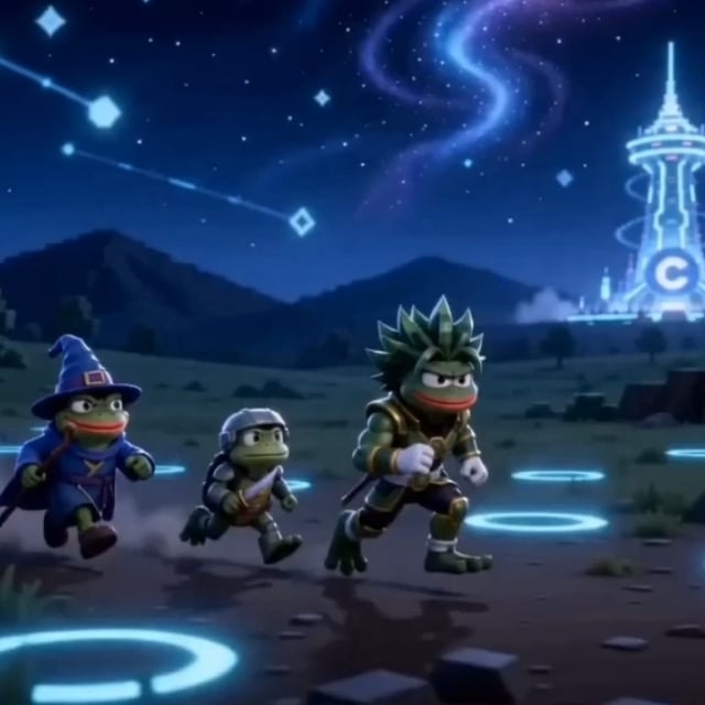 The image features a group of three cartoon characters, two men and one woman, running through a field under a starry night sky with a castle-like structure in the background. The characters are wearing hats and have unique appearances that make them stand out against the dark backdrop. The caption below the image suggests an interesting comparison between the characters' appearances and the world of cryptocurrency, specifically Bitcoin.