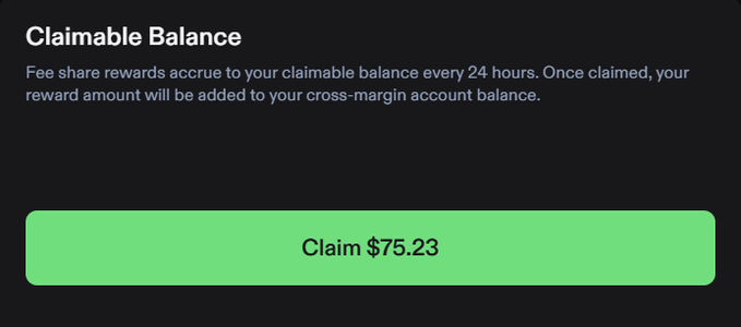 A dark-themed interface displays a "Claimable Balance" section explaining that fee share rewards accrue every 24 hours, featuring a prominent green "Claim $75.23" button. The claimable amount aligns with the post's mention of collecting $75 in daily fee share rewards from Phoenix Trade.