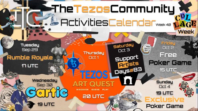 A promotional graphic titled 'The Tezos Community Activities Calendar Week 42' featuring dates and events like 'Rumble Royale', 'TEZOS ART QUEST', 'Support Artists Days #93', and 'Free Poker Game'.