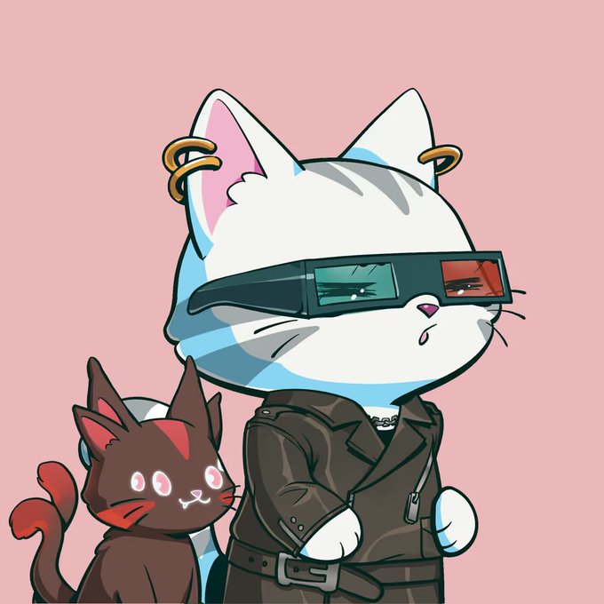 Cute cartoon illustration of a white cat wearing 3D glasses and a black leather jacket with gold hoop earrings, accompanied by a smaller brown and red cat, set against a pink background.