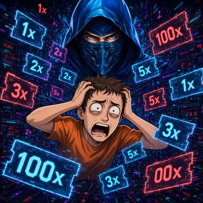 An anime-style illustration of a terrified young man in an orange shirt holding his head in panic, surrounded by floating digital screens showing crypto betting multipliers (1x, 2x, 3x, 5x, 100x), with a menacing hooded hacker figure looming behind him.