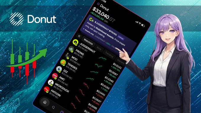 A promotional image for 'Donut' showing a smartphone displaying crypto trading options including JUGGERNAUT, FRONG, MOO, TENDIES, AMC, MICROBUCK, and FATCHOIN, alongside an anime-style character with purple hair pointing at the screen.