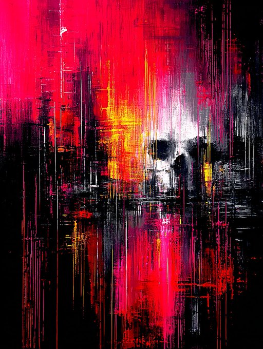 An abstract painting consists of vertical strokes of bright red, black, white, and yellow paint against a dark background.