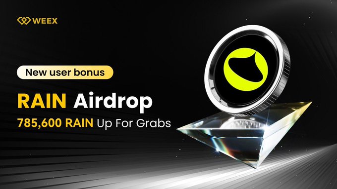 A promotional banner for WEEXT announces a 'RAIN Airdrop' with '785,600 RAIN Up For Grabs' as a new user bonus, displaying a glowing green RAIN coin on a black background.