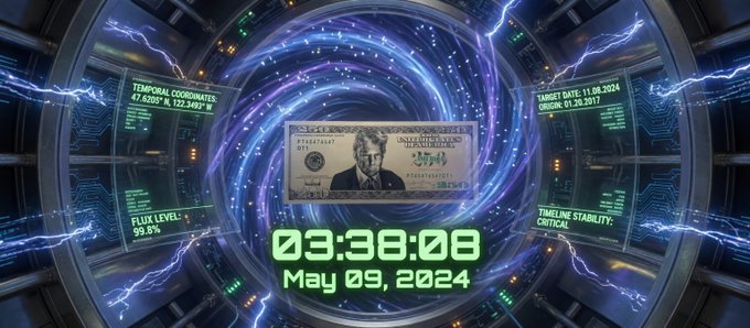 The image shows a unique digital illustration featuring a dollar bill being transported through a black spiral galaxy, with the date "03-08-2024" displayed at its center. The surrounding space appears to be an interactive graphic environment where the dollar bill is the main focal point. The background is filled with various elements that give it the appearance of a futuristic space setting, including stars and planets. The post that accompanies this image seems to be related to cryptocurrency or digital art, as indicated by the use of symbols like the $250 dollar trump token or "@Pumpfun" in the caption.