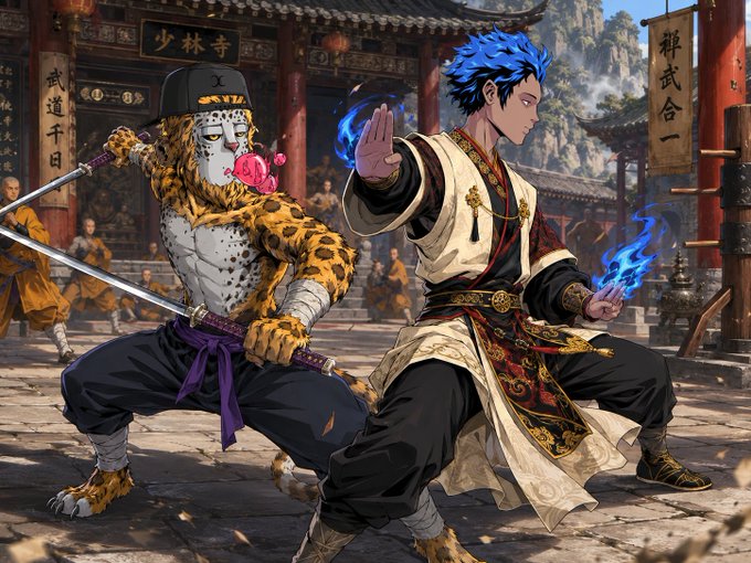 An anime-style illustration depicts a muscular anthropomorphic leopard in martial arts attire wielding swords alongside a blue-haired swordsman conjuring blue flames, set before a traditional Chinese temple.
