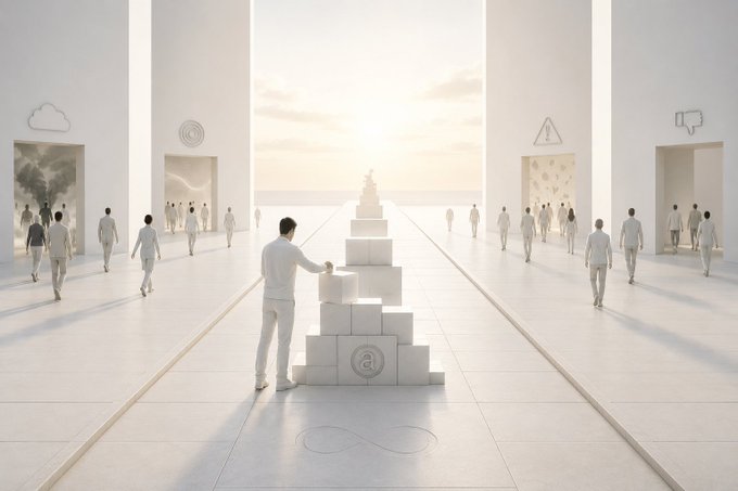 urns of water, a man in white, and a staircase with a spiral pattern are depicted against a light blue sky.