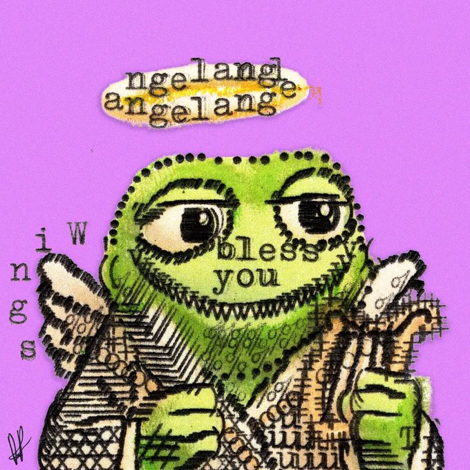 A green Pepe-like cartoon figure appears on a purple background with the word "bless you" in a speech bubble and "angelang" repeated above, surrounded by newspaper-text collage elements. The image humorously suggests Pepe is sneezily blessing ("bless you") someone who engages in the practice described — trading against others' on-chain positions — by sarcastically implying a "blessing" from the meme spirit for accumulating spiritual debt.