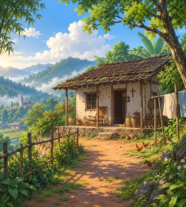 A rustic countryside cottage with a tiled roof sits on a dirt path, surrounded by lush greenery, a wooden fence, and distant misty mountains under a bright blue sky.