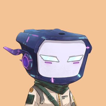 A digital illustration of a chibi-style robot character with a dark blue helmet featuring a white faceplate, pink glowing eyes, and a purple horn-like attachment, wearing a cream-colored military-style outfit against a peach background.