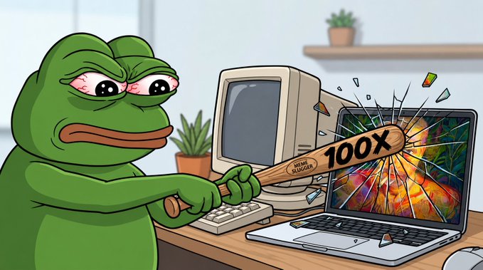 An illustration of the Pepe the Frog meme character angrily smashing a laptop with a baseball bat labeled '100X'.