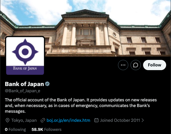 This image shows the official Twitter/X profile of the Bank of Japan (@Bank_of_Japan_e), a verified account with 58.9K followers based in Tokyo, Japan, joined October 2011. The profile features the bank's logo and a banner showing their headquarters building, with a description noting it provides updates on releases and emergency communications.

The image relates to the accompanying post about "$XRP You can't be serious... Do you see it?" by visually implying a connection between the Bank of Japan and XRP cryptocurrency, suggesting the post is making a speculative claim about the central bank's involvement with or endorsement of the digital asset.