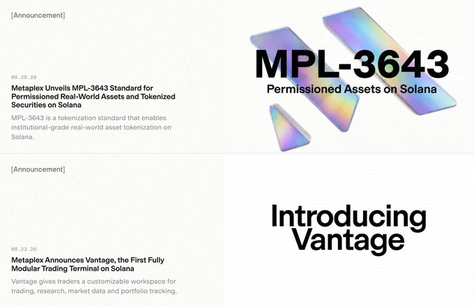 Two announcements from Metaplex are displayed: 'MPL-3643 Permissioned Assets on Solana' and 'Introducing Vantage,' the first fully modular trading terminal on Solana.